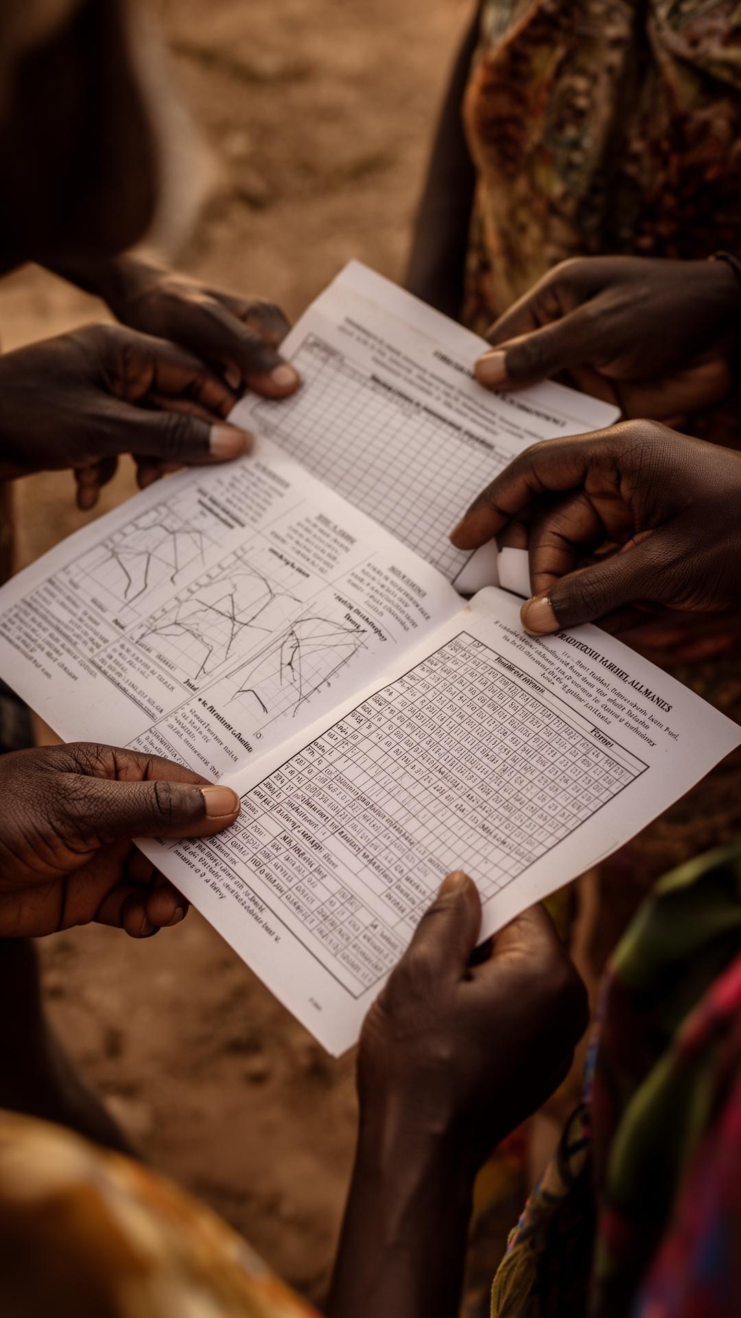 Community members consulting weather charts and a traditional rainfall almanac
